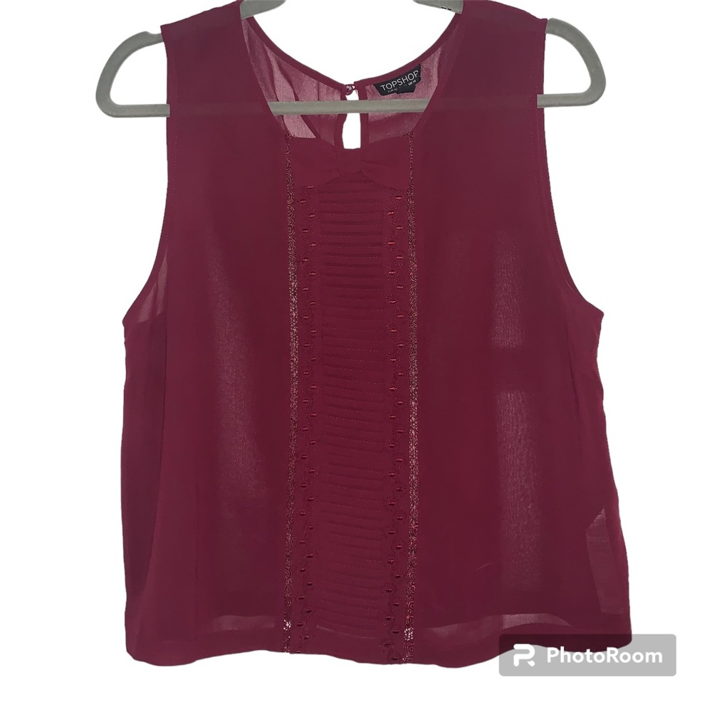 Top Shop Sz10 maroon sleeveless sheer with tuxedo front shirt